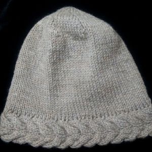 Knit Wool Hat with Cable Brim, Tan (Light Brown) Color (Hand Knit)
